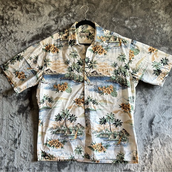 Hollis River Mens Shirt Ivory Green Blue Tropical Hawaiian Print Cotton Sz Large - Picture 1 of 6